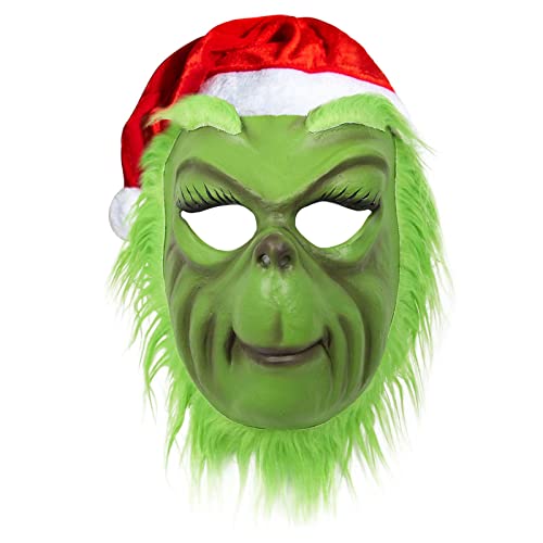 Yearsahrk Grinch Maske Weihnachtliche Grüne Monster Maske Weihnachts Grinch Kostüm Maske mit Weihnachts Hut Funny Xmas Cosplay Party Requisiten Furry Mask von Yearsahrk