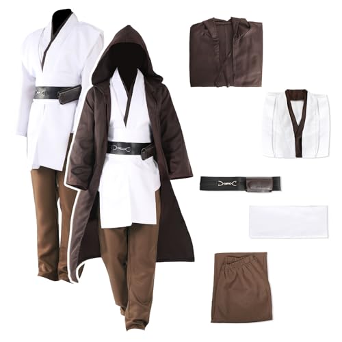 Yearsahrk Jedi Kostüm Erwachsene Herren 5-teilig Kapuzenrobe Tunika Outfit Komplettes Set Brauner Umhang Karneval Halloween Kostüm Cosplay Requisiten von Yearsahrk