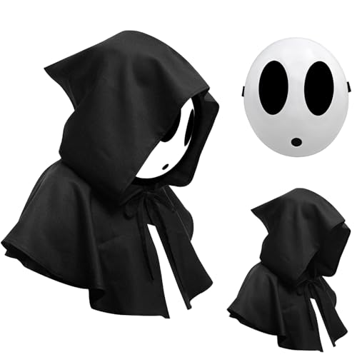Yearsahrk Shy Guy Maske Halloween Maske Funny Anime Spiel Maske Weiße Voll Face Maske Halloween Kostüm Cosplay Requisiten Zubehör (Boy Maske+Black Cloak) von Yearsahrk