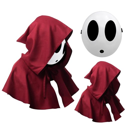 Yearsahrk Shy Guy Maske Halloween Maske Funny Anime Spiel Maske Weiße Voll Face Maske Halloween Kostüm Cosplay Requisiten Zubehör (Boy Maske+Red Cloak) von Yearsahrk
