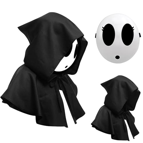 Yearsahrk Shy Guy Maske - Halloween Kostüm Cosplay Requisiten Zubehör - Funny Anime Spiel Weiße Voll Face Maske (Girl Maske+Black Cloak) von Yearsahrk