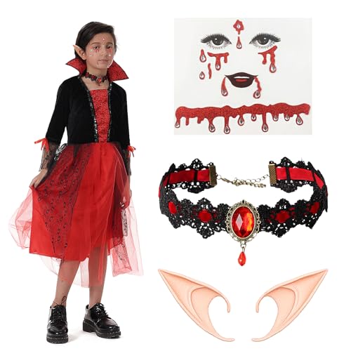 Yearsahrk Vampir Kostüm Kinder Mädchen Königin Kostüm mit Vampir Kleid Aufkleber Elfenohren Karneval Halloween Cosplay Outfits von Yearsahrk