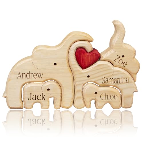 Personalisiertes Holzbär-Familienpuzzle, individuelles 2-8-Namen-Familien-Tierpuzzle, dekorative Geschenke für den Vatertag, Muttertag, Geburtstag, Jubiläum, Weihnachten (Elefant) von Yecaiyoger
