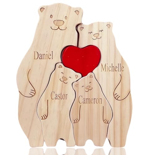 Personalisiertes Holzbär-Familienpuzzle, individuelles 2-8-Namen-Familien-Tierpuzzle, dekorative Geschenke für den Vatertag, Muttertag, Geburtstag, Jubiläum, Weihnachten (Lächeln) von Yecaiyoger