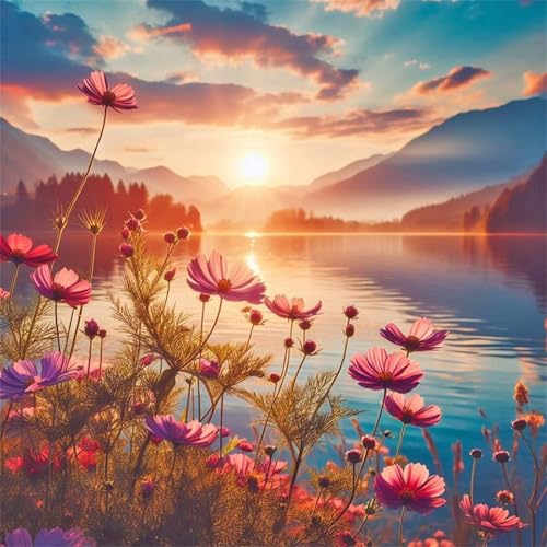 Puzzles 300 Teile Erwachsene,35x35cm Holzpuzzle, Puzzle für Erwachsenes Lernspiel Herausforderung Spielzeug 300 Teile Seeufer Blumen Sonnenuntergang Puzzles für Erwachsene Kinder von Yeecer