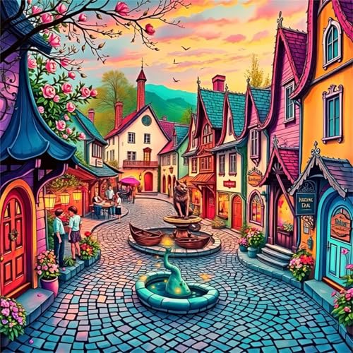 Puzzles 500 Teile Erwachsene,45x45 cm Lernspiel Herausforderung Spielzeug 500 Teile Cartoon-Stadtstraße Puzzles für Erwachsene von Yeecer