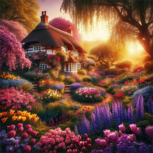 Puzzles 500 Teile Erwachsene,45x45 cm Lernspiel Herausforderung Spielzeug 500 Teile Cottage Garden Sonnenuntergang Puzzles für Erwachsene von Yeecer