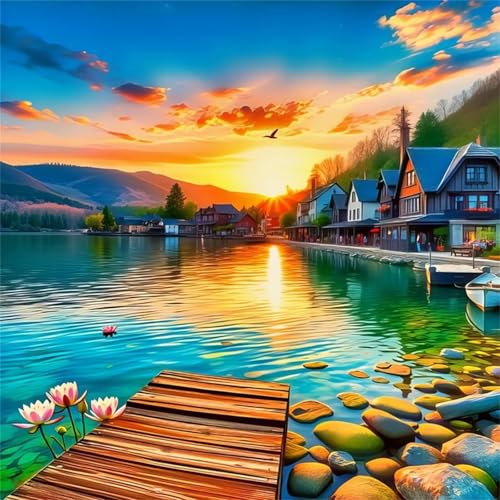 Puzzles 500 Teile Erwachsene,45x45 cm Lernspiel Herausforderung Spielzeug 500 Teile Sonnenaufgang in der Küstenstadt Puzzles für Erwachsene von Yeecer
