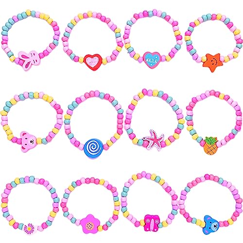 Yeefunjoy 12Stk Kinderschmuck, Holz Kinder Schmuck Set, Schmuck Mädchen Armband Erwachsener Kinder, Prinzessin Dehnbar Bunte Perlen Armband für Mädchen Geburtstagsfeier Gefälligkeiten von Yeefunjoy