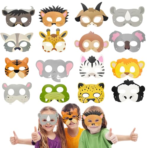 Yeefunjoy 16 Stück Tiermasken, Kindermasken Tier Masks Augenmaske für Tierparty Masken Kostümpartys Dschungelsafari Thema Maskerade Cosplay Maske Verkleiden für Halloween Geburtstag von Yeefunjoy
