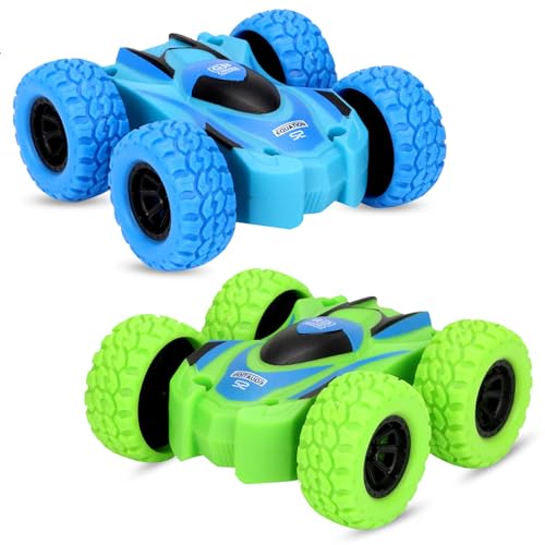 Yeefunjoy 2 Stück Monstertruck Auto Spielzeug, 360 Grad Rotierende Zurückziehen Trägheit Reibungsbetriebene Autos, Spielzeugautos Monster Trucks für 3+ Jahre Jungen Mädchen Kinder Geschenk (Grün Blau) von Yeefunjoy