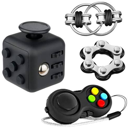 Yeefunjoy 4 Stück Fidget Toys Set, Anti-Stress Würfel Spielzeug, Fidget Pad Controller, Six Roller Chain & Key Flippy Chain, Anti Stress Spielzeug für Erwachsene und Kinder (Schwarz) von Yeefunjoy