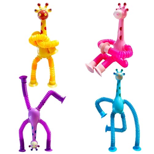 Yeefunjoy 4 Stück Teleskop Saugnapf Giraffen Spielzeug, Pop Fidget Tubes, Sensorisches Giraffen Spielzeug, Telescopic Suction Cup Giraffe Toy, Stressabbau Spielzeug für Kinder Erwachsene Geschenk von Yeefunjoy