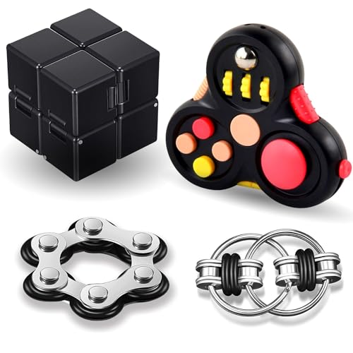 Yeefunjoy 4Pcs Fidget Toys Set, Infinity Cube, Fidget Pad Controller, Six Roller Chain & Key Flippy Chain, Fidget Toys Cube Toys, Anti Stress Spielzeug für Erwachsene und Kinder (Schwarz) von Yeefunjoy