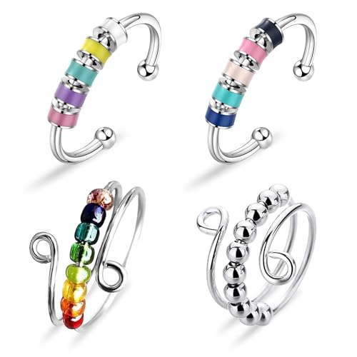 Yeefunjoy 4er Set Silber Fidget Anti-Stress Ringe, Offene Anxiety Ringe mit Perlen, Verstellbare Anti-Stress Ring, Silber von Yeefunjoy