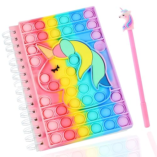 Yeefunjoy Pop It Notebook A5, Einhorn Silikon Push Bubbles Notebook Sensory Squeeze Mit Kugelschreiber, Portable Spirale Notizblock,Pop Fidget Spielzeug It Notizheft Angst Relief für Kinder Erwachsene von Yeefunjoy