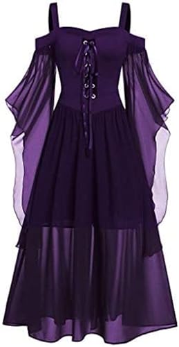 Yeehliny Mittelalter Kleidung Damen Gothic Kleid Mittelalter Kleid Mit Trompetenärmel Gothic Kleidung Renaissance Kleid Halloween Kostüm Vintage Steampunk Kleid Abendkleid von Yeehliny