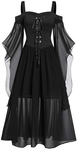 Yeehliny Mittelalter Kleidung Damen Gothic Kleid Mittelalter Kleid Mit Trompetenärmel Gothic Kleidung Renaissance Kleid Halloween Kostüm Vintage Steampunk Kleid Abendkleid von Yeehliny