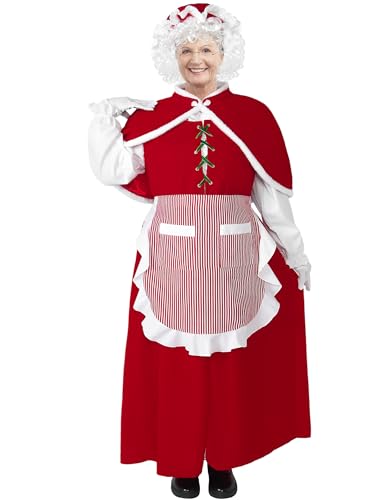 Yeenuo Mrs. Claus Kostüm für Damen, Übergröße, Erwachsenenkostüm, Weihnachtsmannkleid, 8-teilig, mit Haube, Schürze, Perücke, Deluxe, Weihnachts-Cosplay-Outfit von Yeenuo