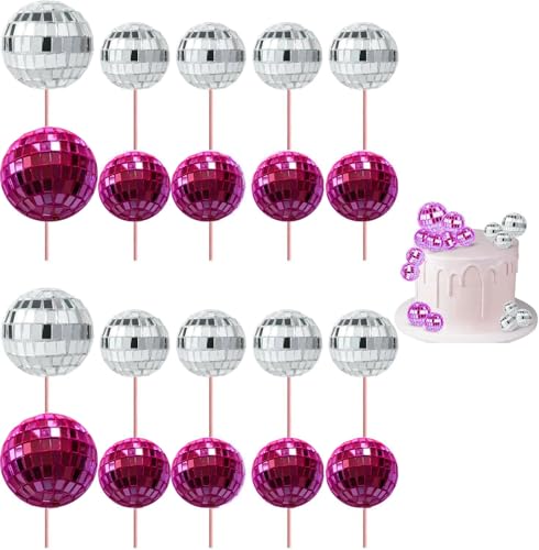Yeesabella 20 Stück Discokugel-Cupcake-Topper, 70er-Jahre-Retro-Kuchendekorationen mit Stab für Dessert, glänzende Mini-Discokugel-Picker für Geburtstag, Disco-Mottoparty-Zubehör für Dekoration von Yeesabella