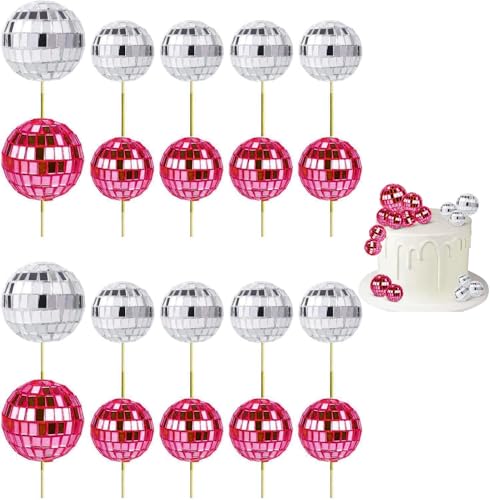 Yeesabella 20 Stück Discokugel-Cupcake-Topper, 70er-Jahre-Retro-Kuchendekorationen mit Stab für Dessert, glänzende Mini-Discokugel-Picker für Geburtstag, Disco-Mottoparty-Zubehör für Dekoration von Yeesabella