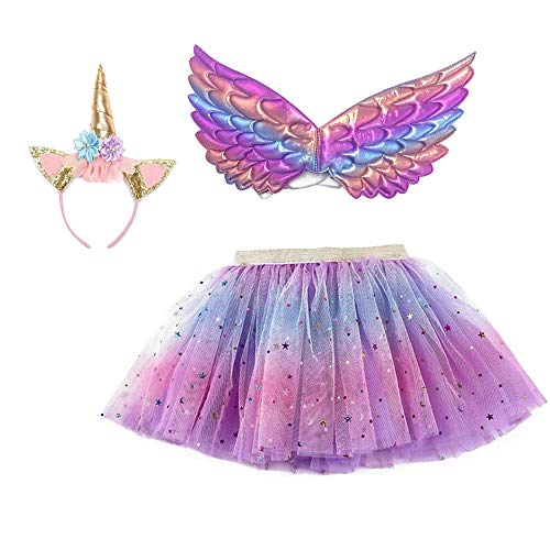 Mädchen Fee Tutu Kleid Kostüm mit Einhorn Stirnband Flügel Kinder Halloween Party Cosplay Prinzessin Dress Up für Alter 3-8 Jahre Gr. One size, D von yeesn