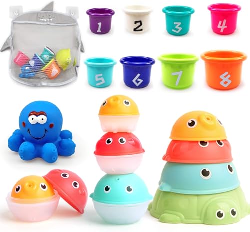 Yehanxue Baby-Badewannen-Spielzeug mit Organizer-Tasche, 8 stapelbare Tassen-Spielzeuge, 4 stapelbare Spritztierbälle und 1 schwimmender blauer Oktopus, Badespaß-Spielzeug, Geschenke für Kleinkinder von Yehanxue