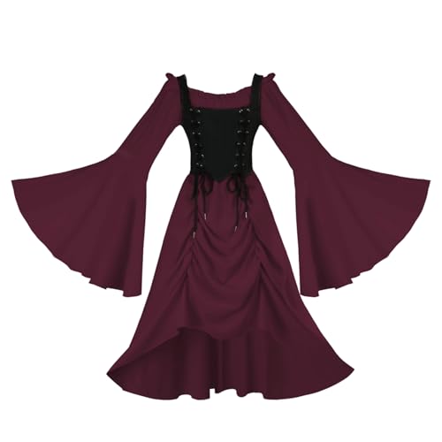 Yejue Mittelalterliches Renaissance-Kleid, ausgestellte Ärmel, unregelmäßiger Saum, elegant, viktorianisch, königlicher Ball, Steampunk, Theaterkleid, Rot/Ausflug, einfarbig (Getaway Solids), L von Yejue