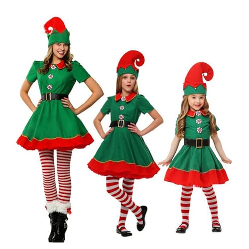 Yekdmxop Elf Kostüm Weihnachten Set Kostüme Familie Weihnachten Kleid Damen Mädchen Festlich Elfe Kleidung Herren Kind Grün Christmas Hüte Socken Elfen Lustige Weihnachtsgeschenke 2024, B, von Yekdmxop