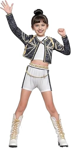 Yelingling EATAN Kpop Hunters - Mädchen Rumi Kostüm, Koreanischer Popstar Rumi Stimmkostüm, Bühnenkostüm, Idol Sängerin Outfit, Weiß, Abendkleid (Schwarz, 130) von Yelingling