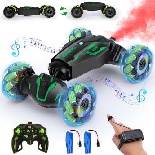 Yellcetoy Ferngesteuertes Auto mit Handsteuerung, Glove Controlled Car mit Musik Licht & Spray, 4WD RC Stunt Twist Car Spielzeugauto mit 2,4 GHz Fernbedienung Zwei Akkus für Kinder Jungen Grün von Yellcetoy