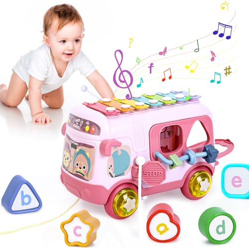 Yellcetoy Spielzeug ab 1 2 3 Jahre Mädchen, Baby Motorikwürfel Musikspielzeug Xylophon Bus mit Rassel Rad, Motorikspielzeug Lernspielzeug Geschenk für Kinder ab 18 Monate 1 2 3 Jahre von Yellcetoy