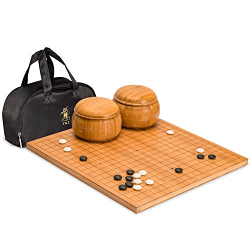 Yellow Mountain Imports Bambus 2 Zentimeter Geätzt Wendbar 19x19/13x13 Go-Spielbrett-Set mit 9,2 mm Doppelt Konvexen Yunzi-Steinen und Bambus-Holz-Schalen-Set von Yellow Mountain Imports