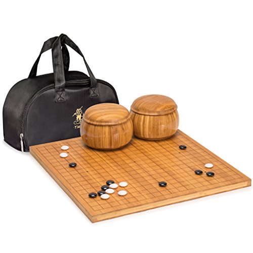 Yellow Mountain Imports Bambus Geätzt Wendbar 19 x 19/13 x 13 Go-Spielbrett-Set (2 cm) mit Doppelt Konvexen Melamin-Steinen und Bambus-Schalen - Klassisches Strategie-Brettspiel (Baduk/Weiqi) von Yellow Mountain Imports