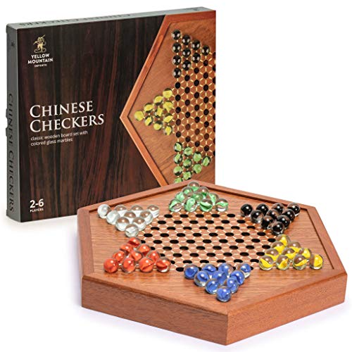 Yellow Mountain Imports Hölzernes Chinesisches Dame Brettspiel-Set mit Schubladen und Bunten Glasmurmeln - 32,2 Zentimeter von Yellow Mountain Imports