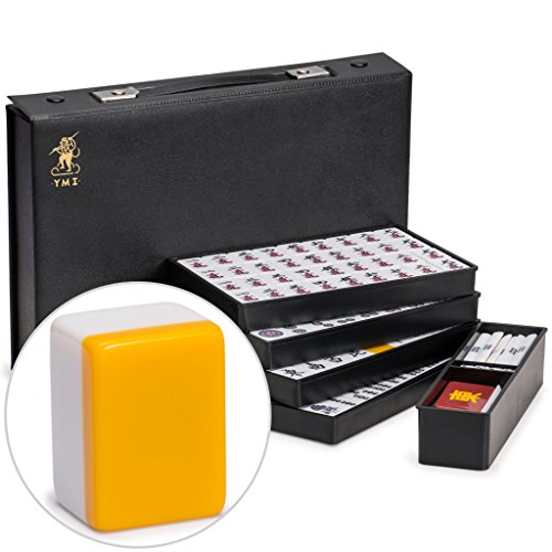 Yellow Mountain Imports Japanisches Riichi Mahjong Set - Weiße und Gelbe Standardgröße Ziegel und Schwarzer Vinyl-Koffer - mit Ostwind-Ziegel, Set mit Wettstäben & Würfeln von Yellow Mountain Imports