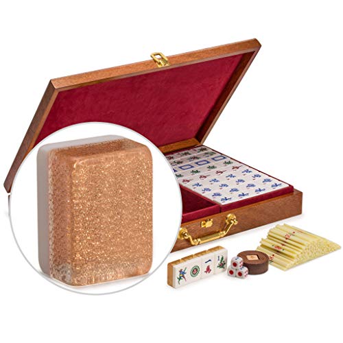 Yellow Mountain Imports Klassisches chinesisches Mahjong-Spielset, Champagner Gold - mit 148 mittelgroßen Fliesen und einem Holzkoffer - Für chinesisches Spielstil von Yellow Mountain Imports