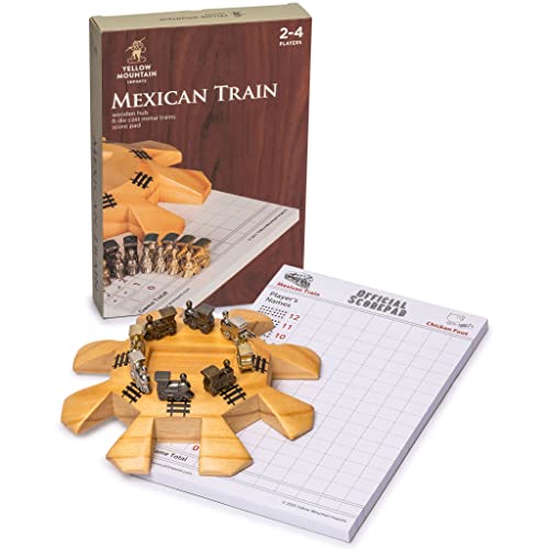 Yellow Mountain Imports Mexican Train Dominospiele Zubehör-Set (Hölzernes Hub/Mittelstück, Metall Train Marker und Scorepad/Punkteblock) von Yellow Mountain Imports