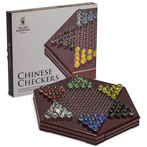 Yellow Mountain importiert Brettspielset aus Holz mit chinesischen Schachbrettmuster (30.5cm) mit Aufbewahrungsschublade und 60 farbigen Glasmurmeln (14 mm) - Klassisches Strategiespiel von Yellow Mountain Imports