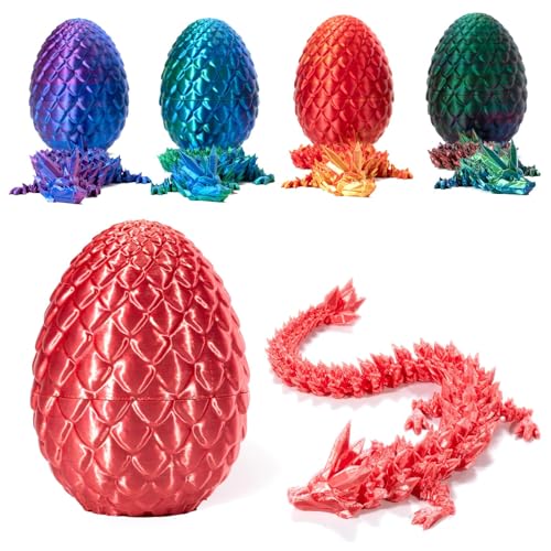 3D-gedruckter Überraschungsdrache im Ei, voll beweglicher Kristalldrache mit Drachenei, abnehmbarer Eierschale und flexible Gelenke, Heimbüro, Schreibtischspielzeug, Osterei-Spielzeug, Seidenrot von Yelschwa