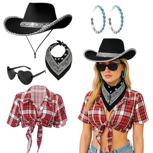 Cowgirl-Outfits für Damen, Kuhmädchen-Outfit für Damen, Westernkleidung mit Cowboyhut, Brille, Schal, kariertes Hemd (M), Ohrringe, Cowboy-Zubehör für Kostüm-Festivals und Halloween-Party, 6-teilig von YenMzx