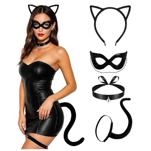 YenMzx Catwoman-Kostüm für Damen, 4-teiliges Catwoman-Kostüm-Set mit Pailletten-schwarzer Katzenmaske, Plüsch-Katzenohr-Stirnband, Katzenschwanz, Glocken-Halskette, Anime-Cosplay-Zubehör für YenMzx Catwoman-Kostüm für Damen, 4-teiliges Catwoman-Kostüm-Set mit Pailletten-schwarzer Katzenmaske, Plüsch-Katzenohr-Stirnband, Katzenschwanz, Glocken-Halskette, Anime-Cosplay-Zubehör für von YenMzx