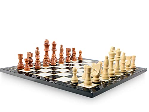 Klappbares Black Marmor Optik Schach Spiel mit Massiv Holz Schachfiguren von Yenigun