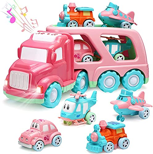 YeoNational&Toys 5 in 1 Pink Carrier Car Toy mit Lichtern und Sounds, reibungsbetriebener Doppelschicht-Transportwagen mit Cartoon-Fahrzeugen, Autospielzeug für Mädchen, Kleinkinder von YeoNational&Toys