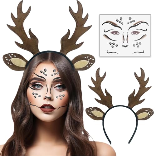 Yeomju Rentier Haarreif mit Reh Geweihen und Gesichtstätowierung, Fluffy Reh Ohren Kopfband für Damen und Kinder, Rentier Kostüm Accessoire Reh Kostüm Damenmju Yeomju Rentier Haarreif mit Reh Geweihen und Gesichtstätowierung, Fluffy Reh Ohren Kopfband für Damen und Kinder, Rentier Kostüm Accessoire Reh Kostüm Damenmju von Yeomju