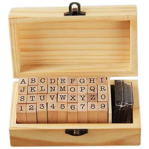 Yeory 1 Set Letter -Briefmarken für Ton, Mini -Holzbuchstempel und Tintenkissen, Nummer und Alphabet für die Kartenherstellung mit schwarzem Tintenkissen Holzkastenset, Alphabet -Stempel von Yeory
