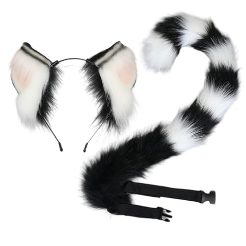 Yeory Katzenohren und Schwanz, pelzige elastische Katzenohren Stirnband und schwarzer weißer Schwanz mit einstellbarem Gürtel für Cosplay, Stirnbänder Yeory Katzenohren und Schwanz, pelzige elastische Katzenohren Stirnband und schwarzer weißer Schwanz mit einstellbarem Gürtel für Cosplay, Stirnbänder von Yeory