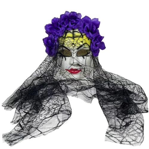Yeory Spitzenmaske, Gothic Full Face Maske mit schwarzem Spitzenschleier und lila Blume, Halloween Adult Cosplay für mexikanisches Festival von Yeory