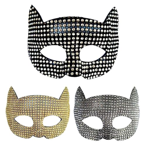 Yeory Strass-Maskenmaske, 3-teilige schwarze ausgefallene Kristallmaske, glänzende Katzenmaske für Frauen, Maskenmaske für Frauen von Yeory