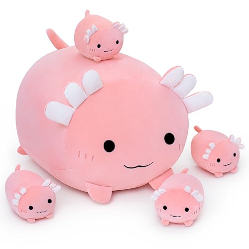 Yeqivo Axolotl Mama Plüschtier mit 4-Baby Axolotl, Super Soft Cartoon Umarmung Spielzeug Geschenke für Mädchen Jungen Geburtsta von Yeqivo